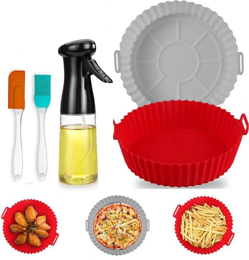 Multicolor 2 Pcs Silicone Air Fryer Liner Air Fryer Accessories Pot Baske For Microwave Oven Oil Sprayer Bottle And Oil Brush An