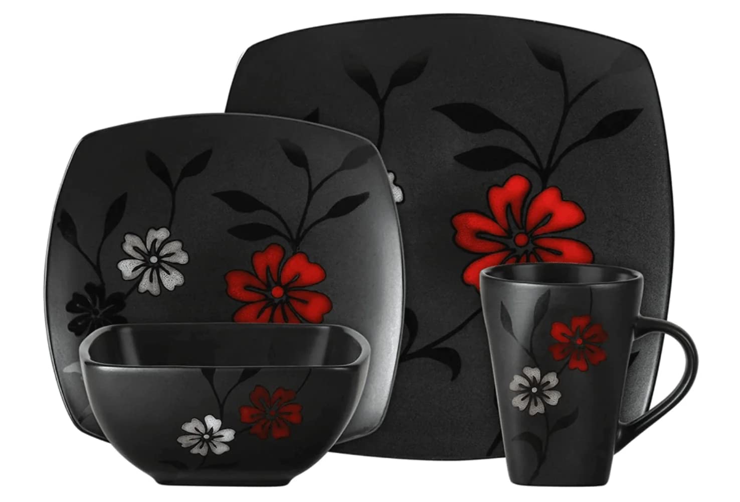 Gibson Elite Evening Blossom 16 Piece Dinnerware Set, Black