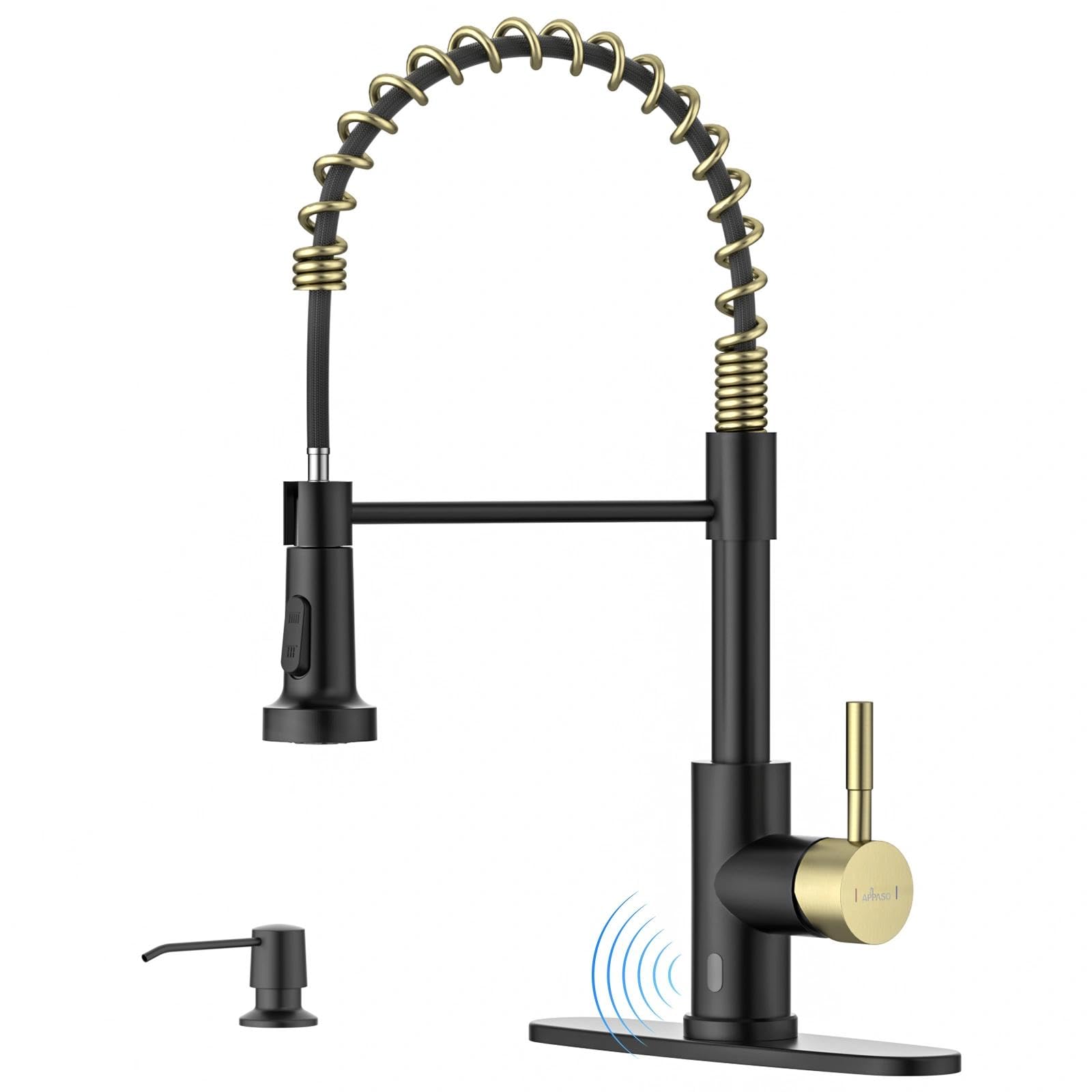APPASO Black and Gold Touchless Kitchen Faucet with Soap Dispenser, Motion Sensor Activated Hands-Free Automatic Faucet for Sink