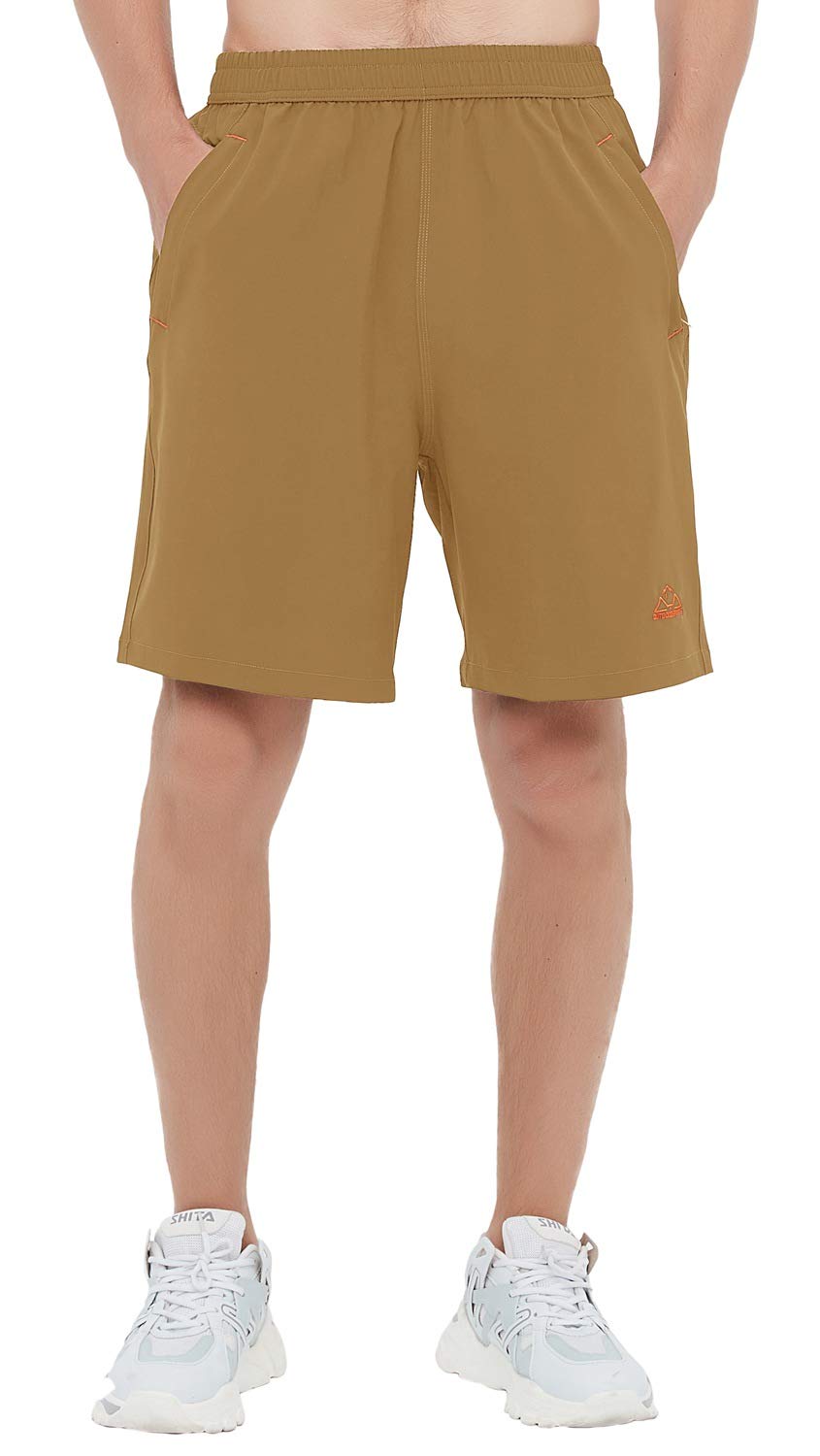 Rdruko Mens Quick Dry Sports Shorts Lightweight Running Outdoor 7 Inch Active Shorts With Zipper Pockets(Khaki, Us M)