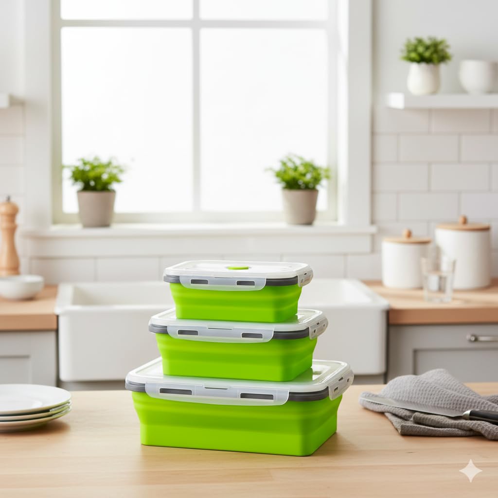 The Better Home | Lunch Boxes | Food Grade Silicone | Airtight Lid Foldable Lunch Box Lightweight For Kids Office School | Pack 