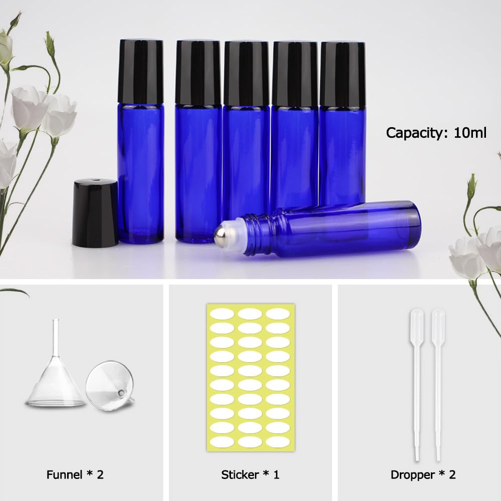 sungwoo 12 Pack Essential Oil Roller Bottles  10ml Blue Glass Roller Bottles with Stainless Steel Roller Balls and Caps for Travel  Perfume and Lip Gloss