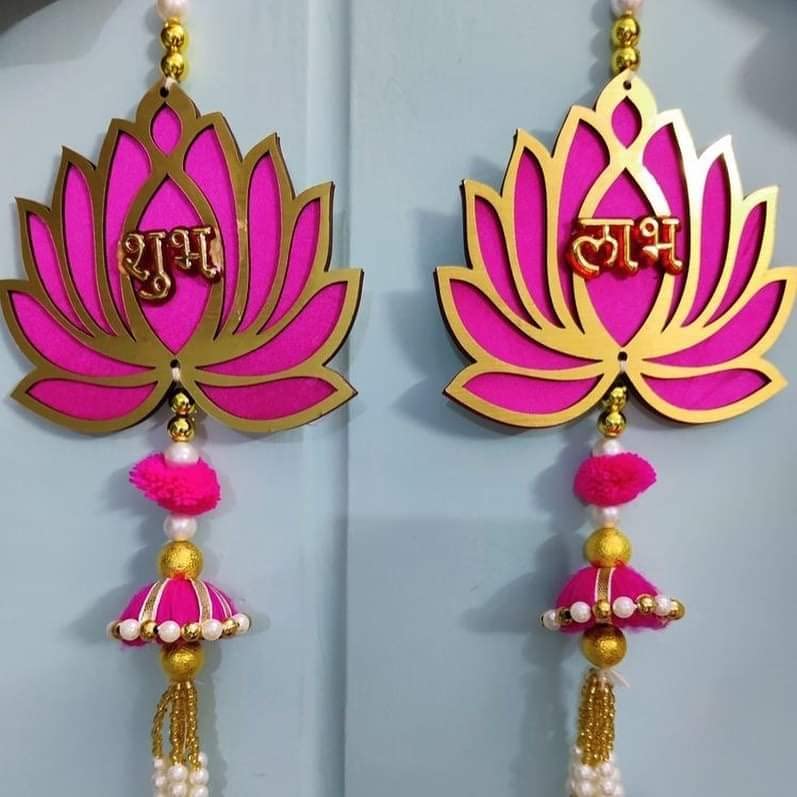 Prisart SHUBH-LABH Satin Side Door Hangings with Flower Border for Door Decoration/Diwali Decoration