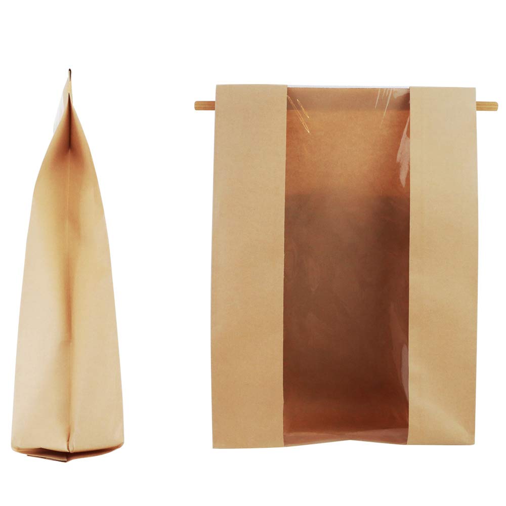 Twdrer 50 Pack Large Kraft Paper Bread Loaf Bag With Clear Front Window,Tin Tie Tab Lock Brown Bakery Coffee Cookie Treat Packag