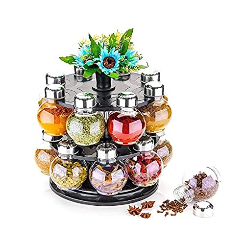 Primefair 360 Degree Revolving Round Shape Transparent 16 Piece Jar Spice Rack