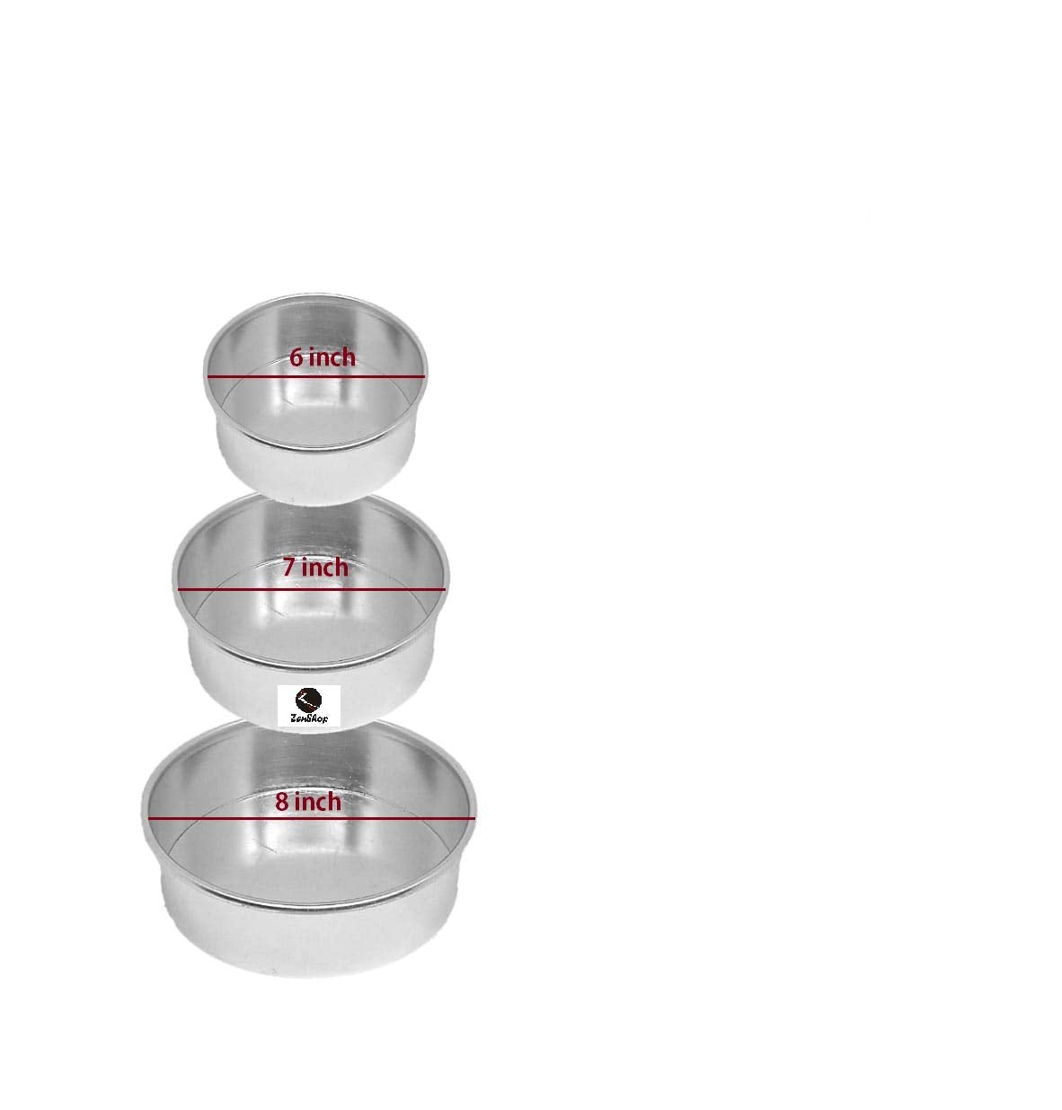 Zenshop Aluminium 6,7& 8 Inches Diameter And 2.25 Inch Height Round Cake Mould For Ovens (Set Of 3 Pcs).,Silver