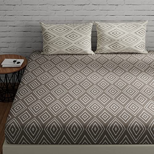 Huesland By Ahmedabad Cotton 144 Tc Cotton Double Bed Bedsheet With 2 Pillow Covers  Taupe & White