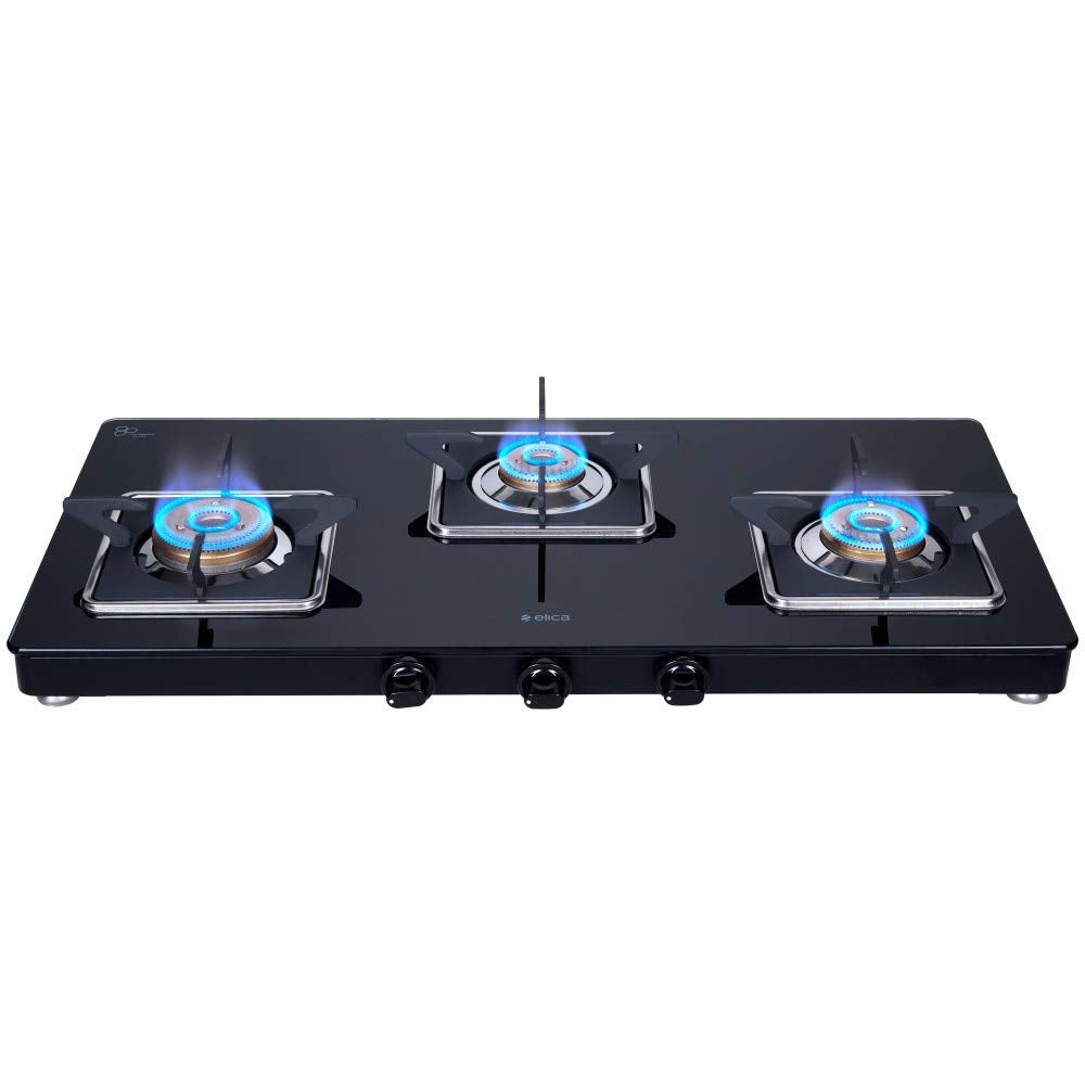 Elica Slimmest 3 Burner Gas Stove With Toughened Glass Top | Ultra Slim Frame | Forged Brass Burners | 7 Year Warranty On Glass 