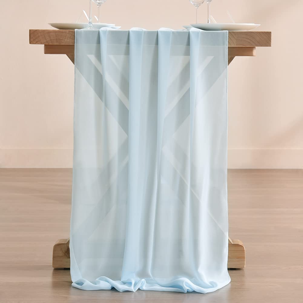 Socomi 14Ft Baby Blue Chiffon Table Runner 29X170 Inches Sheer Wedding Runner Romantic Rustic Table Runner For Easter Thanksgivi