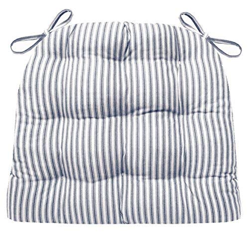 Barnett Home Decor Ticking Stripe Blue Dining Chair Pad With Ties - 15 X 17 Size Standard Chair Cushion - Latex Foam Fill - Mach