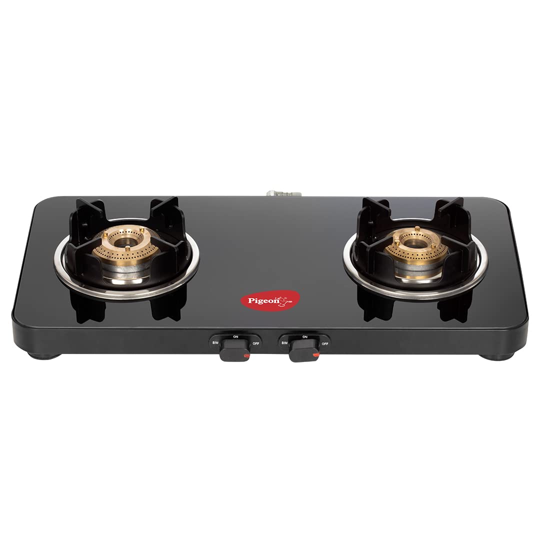 Pigeon By Stovekraft Sleek 2 Burner Ultra Slim Gas Stove With Glass Top, Manual, Black, (14763)