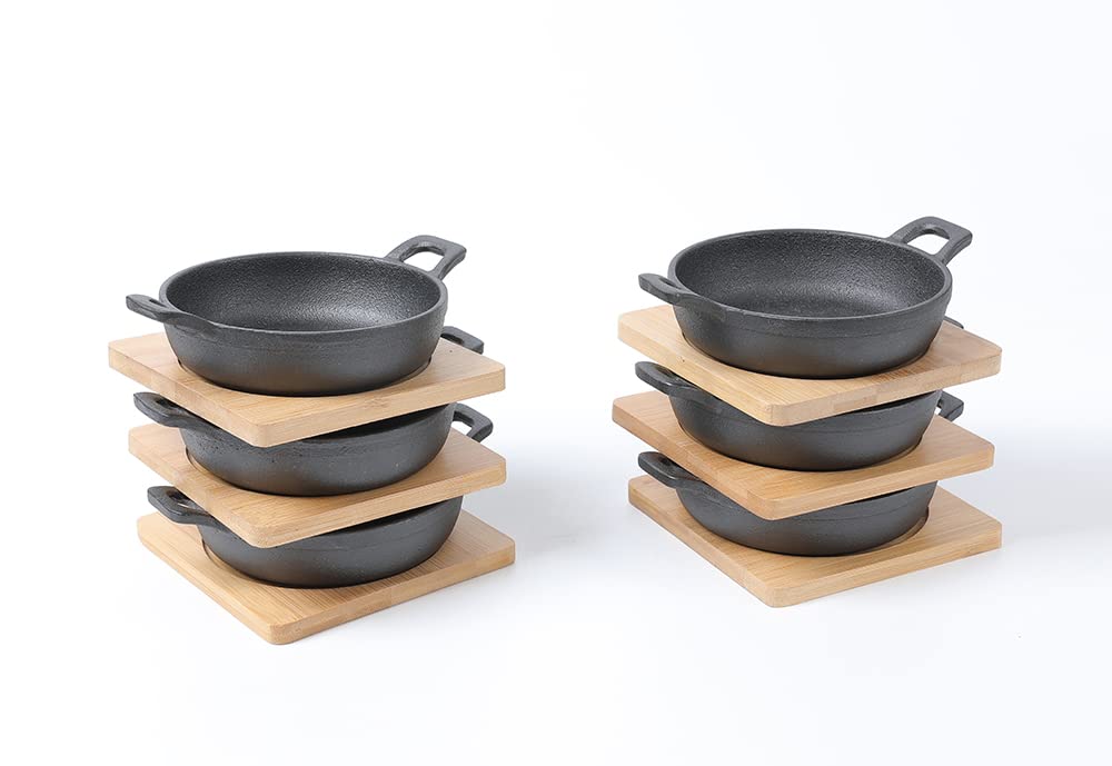 Hawok Cast Iron Mini Serving Bowl Dia 4.7 Inch With Bamboo Tray Set Of 6