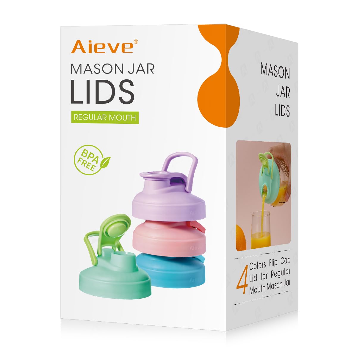 Aieve Mason Jar Lids, 4 Pack Regular Mouth Mason Jar Pour Spout Lid, Canning Lids With Flip Top Lid, Leak-Proof