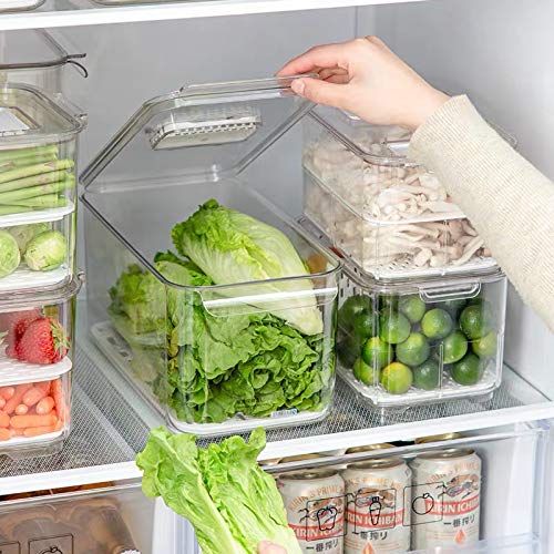 Slideep Refrigerator Food Storage Containers, Produce Saver Stackable Container With Lids & Removable Drain Tray, Freezer Bins S