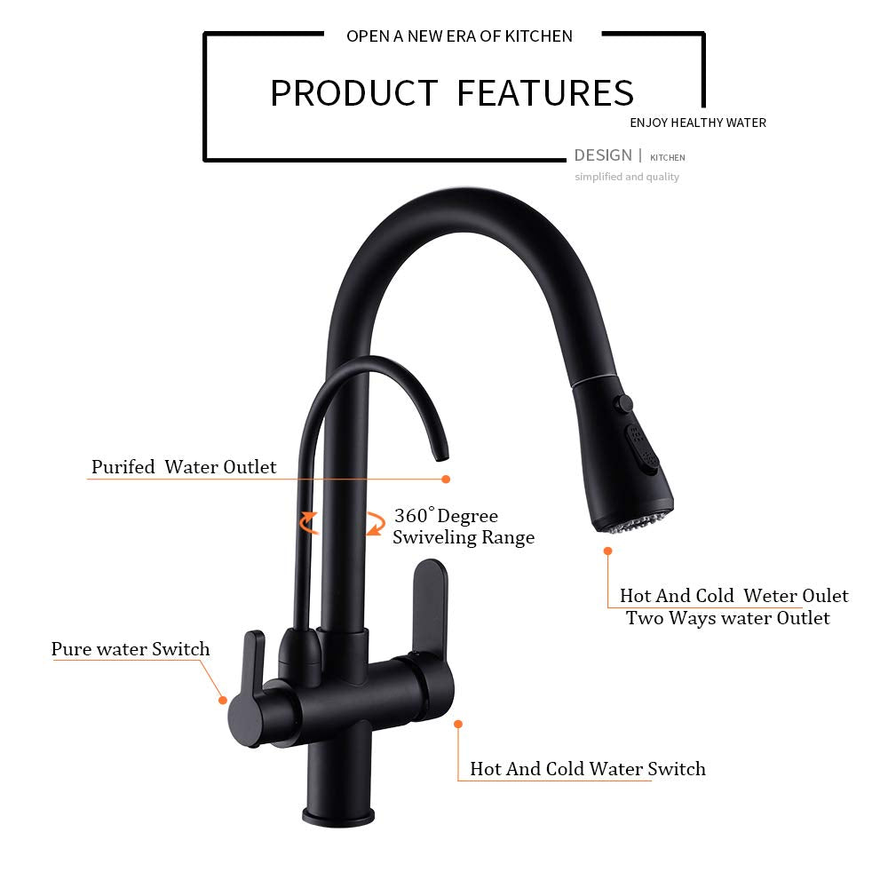 Wanfan Kitchen Sink Faucet With Pull Down Sprayer 2 Handle 3 In 1 Water Filter Purifier Faucets Black 0195R