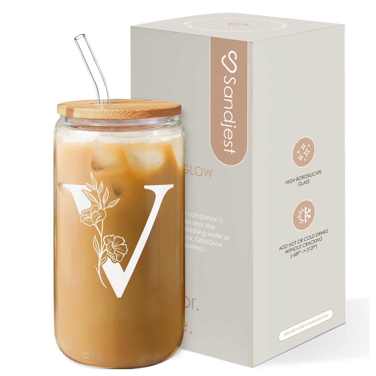 SANDJEST Monogrammed Gifts for Women - Monogram V Initial Glass Cup 16 Oz Can Coffee Cups with Lid and Straw - Monogram Initials