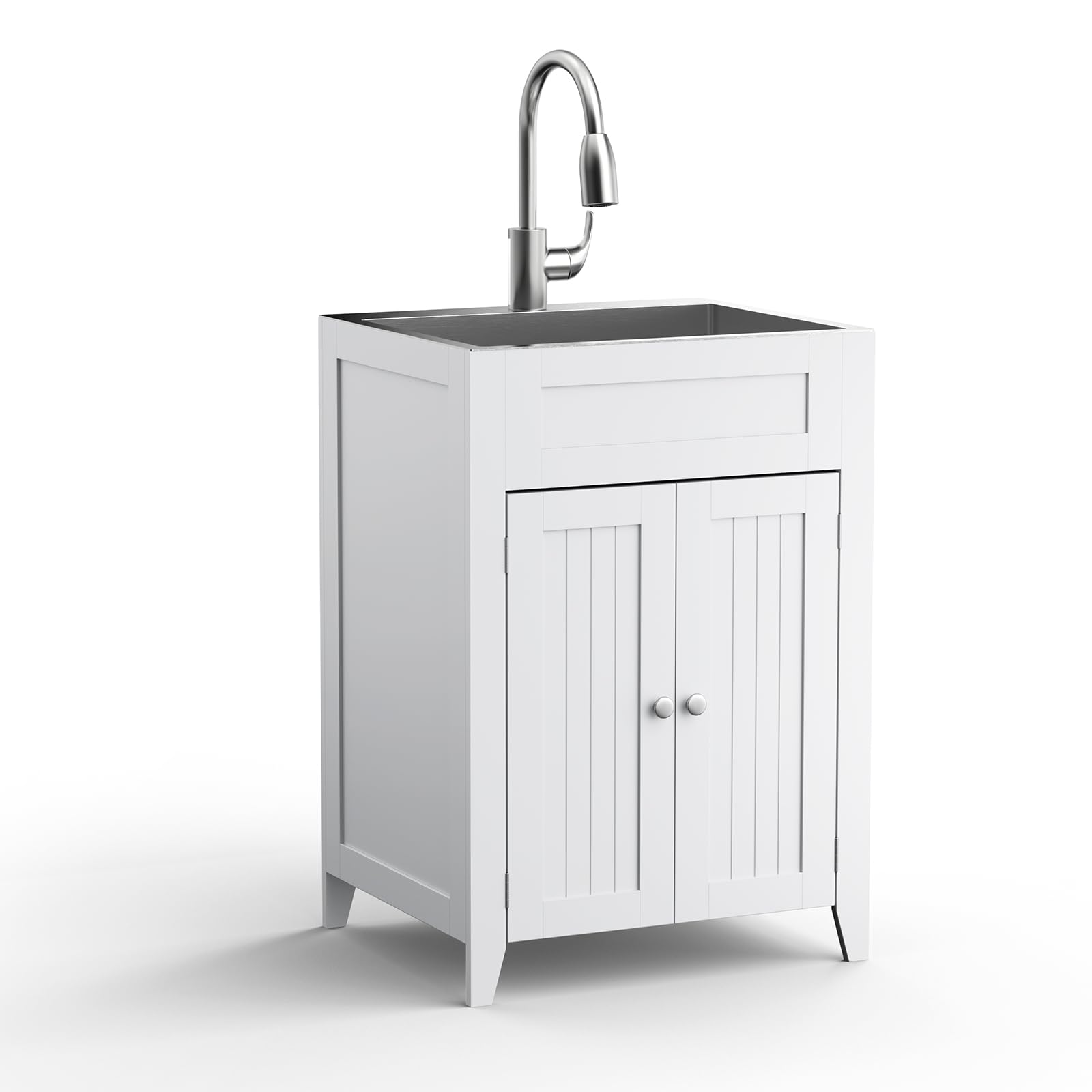 Vingli 24-Inch Laundry Sink With Cabinet And Pull-Out Sprayer Faucet, Stainless Steel Utility Sink With Cabinet, White Cabinet W