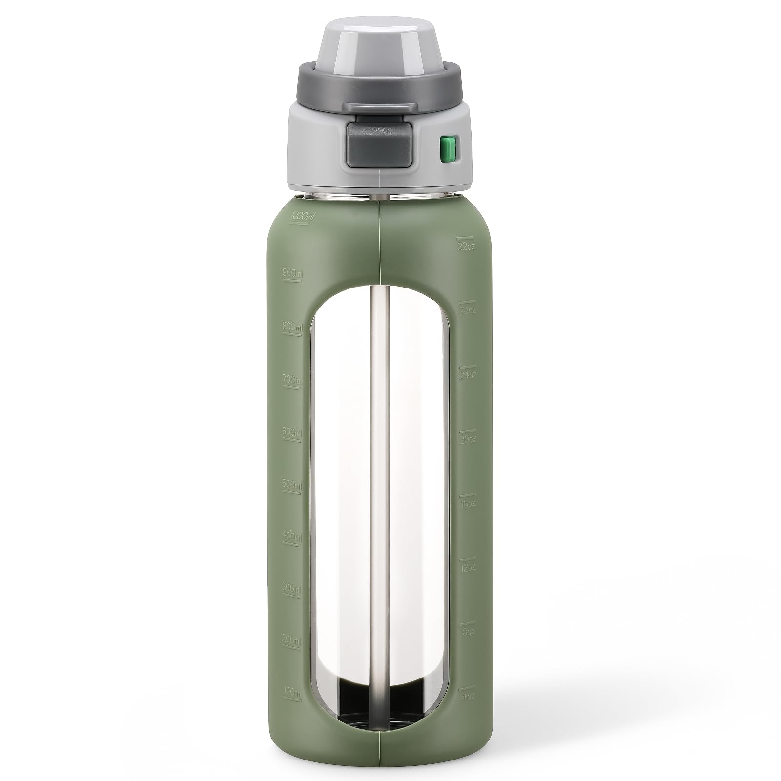 MUKOKO 2-in-1 Borosilicate Glass Water Bottle with Straw for Sports and Travel, 32oz Drinking Bottle with Silicone Sleeve, BPA F