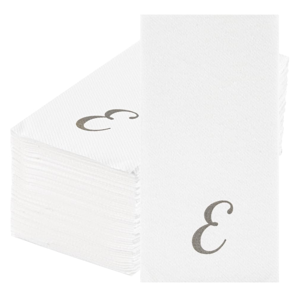 Luxenap 15.8 X 7.9 Inch Linen-Feel Guest Towels, 2000 Lettered Hand Towels - Silver Letter 'E', Cursive Font, White Paper Dinner