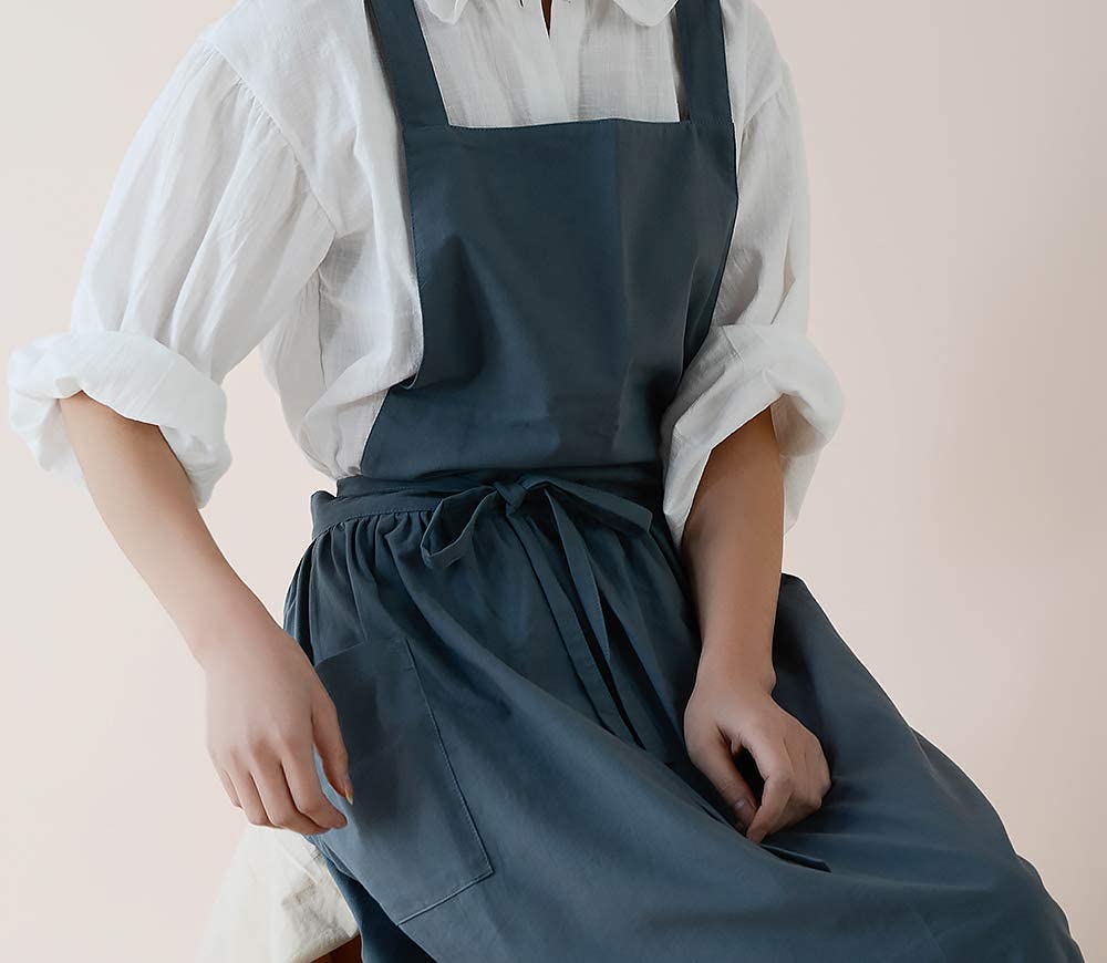 losofar Cotton Pleated Apron Retro Waterdrop Proof Garden Cleaning Pinafore Dress (green  103cmx86cm)