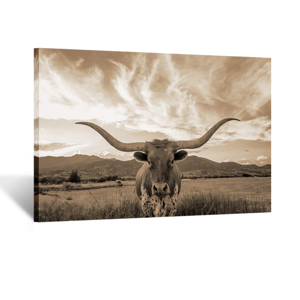 Kreative Arts Sepia Animal Canvas Wall Art Highland Cattle With Long Horns Picture Texas Longhorn In Sunset Farm Painting For Ho