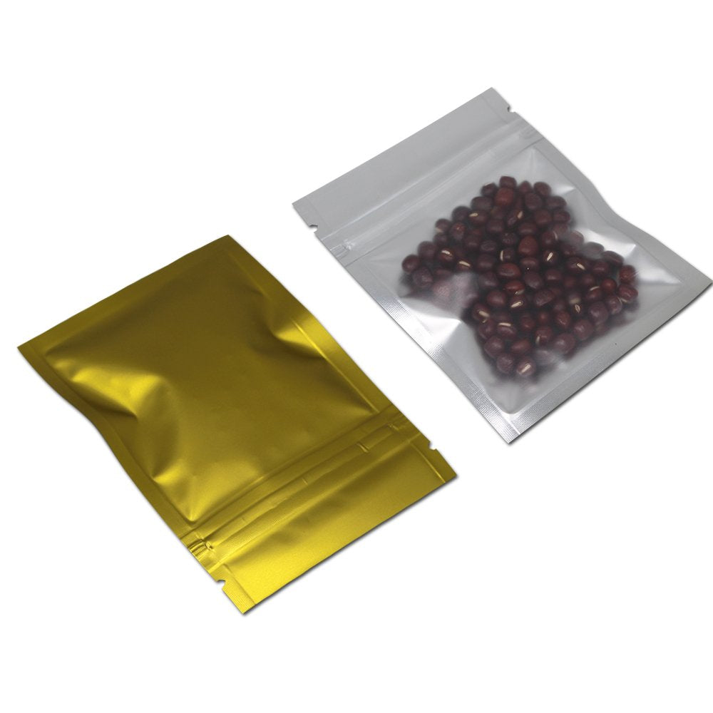 PABCK 100 Pcs Matte Gold 4.7x7 inch (Inside Size 4.1x5.7 inch) Front Window Resealable Foil Zipper Lock Pouch for Zip Reclosable