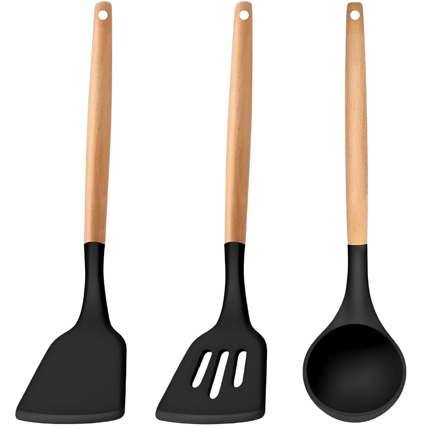 Freshmark Silicone Kitchen Utensil Set With Wooden Handles | Heat Resistant NonStick Spatula, Slotted Turner, And Soup Ladle. (