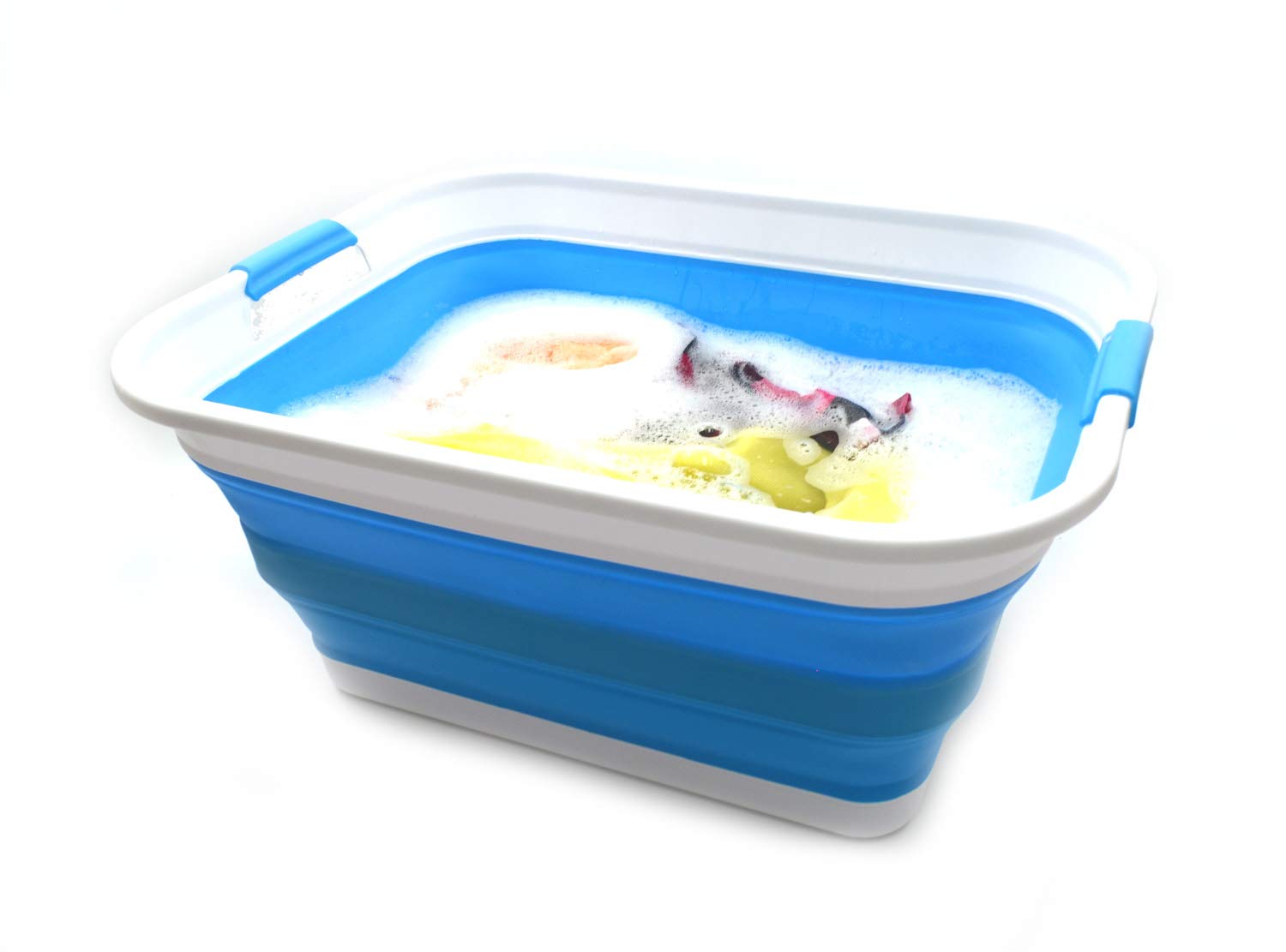 SAMMART 42L(11 gallon)Set of 2 Collapsible Plastic Laundry Basket-Foldable Pop Up Storage Container-Portable Washing Tub-Space Saving Water capacity 34L(9 gallon) (2 rectangular - stengthen  Sky Blue)