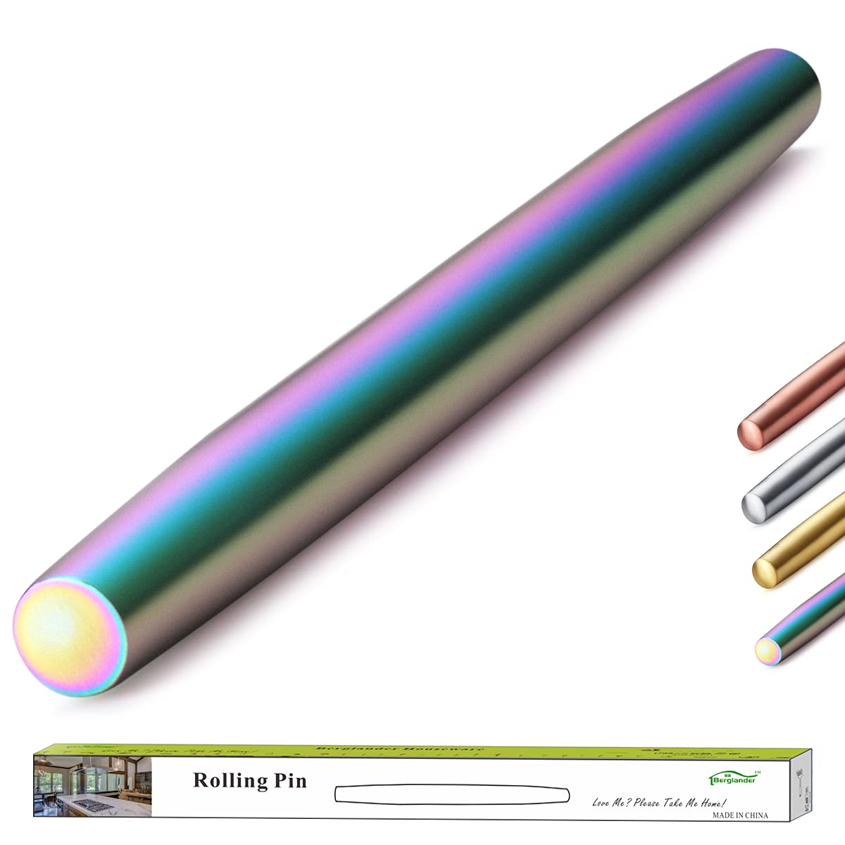 Berglander Rainbow Rolling Pin, 16.7 Inches Stainless Steel Colorful Matte Finish With Rainbow Titanium Plating Rolling Pin For