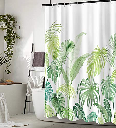 Lifeel Tropical Shower Curtain, Leaves Jungle Shower Curtain Palm Bathroom Shower Curtain Set Heavyweight With 12 Hooks, Green W