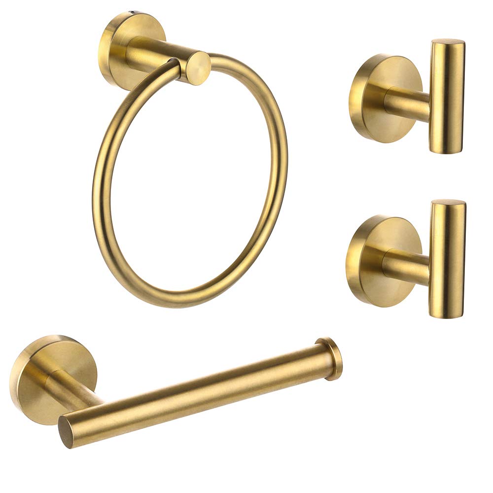 Ntipox 4 Piece Brushed Gold Stainless Steel Bathroom Hardware Set Include Hand Towel Ring, Toilet Paper Holder,And 2 Robe Towel