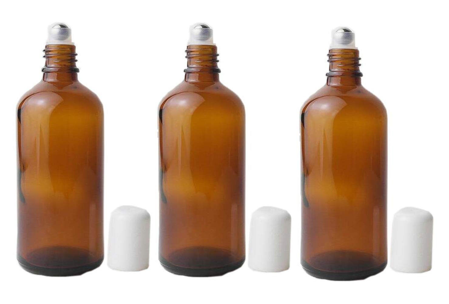 3Pcs 100Ml Empty Refillabl Amber Glass Roller Bottle With Stainless Steel Balls And White Screw Cover For Essential Oil Lip Balm