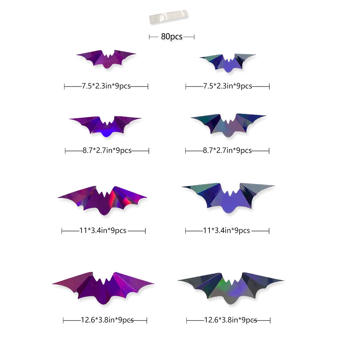 72Pcs Bats Halloween Decoration Iridescent 3D Bats Wall Decor Black Purple Holographic Paper Decorative Bat Wall Art Decals Stic