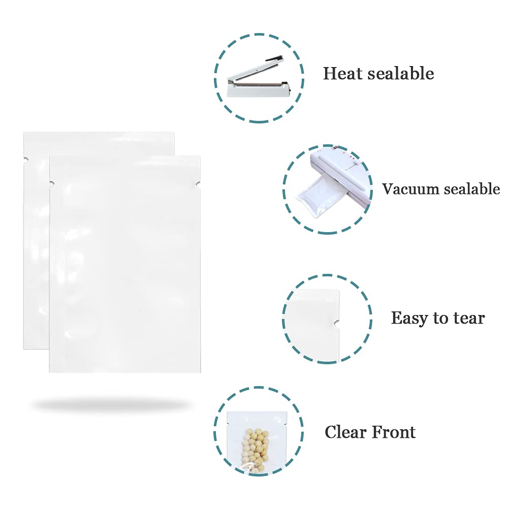 300 Pack 4.7x7.1 inch(Usable Size 4.3x6.7 inch) White Clear Front Open Top 2.8mil Plastic Vacuum Pouch Heat Sealable Bags for Food Storage Packets Mini Sample with Tear Notches