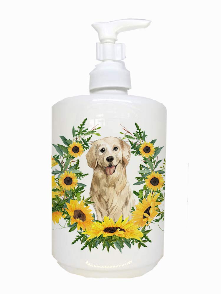 Caroline'S Treasures Ck2976Soap Golden Retriever In Sunflowers Ceramic Soap Dispenser Hand Soap Dispenser Pump Bottles For Bathr