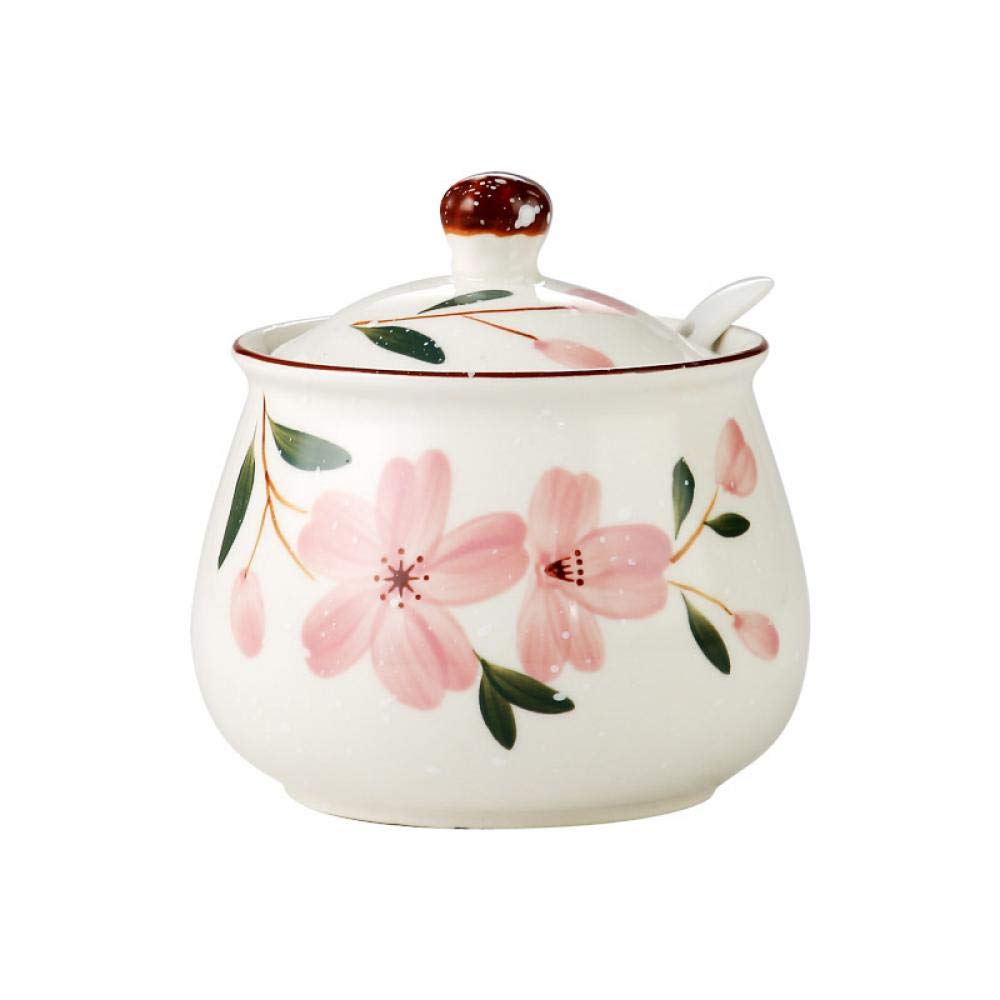 Ceramic Japanese Hand Painted Flower Sugar Bowl Seasoning Jar With Lid Spoon