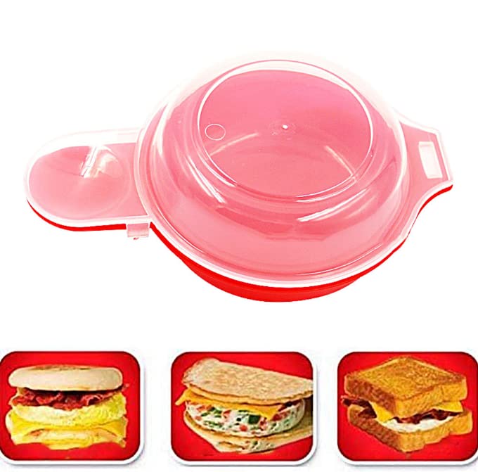 LIUSM Microwave Egg Muffin Cooker - Stainless Steel, Red and Clear, Makes Egg Sandwiches in 1 Minute