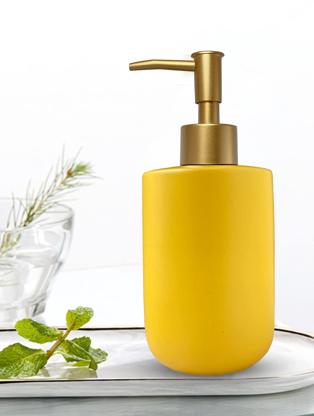 Liquid Soap Dispenser For Bathroom With Gold Pump,Dish Soap Dispenser For Kitchen,Refillable Countertop Lotion Ceramics Yellow H