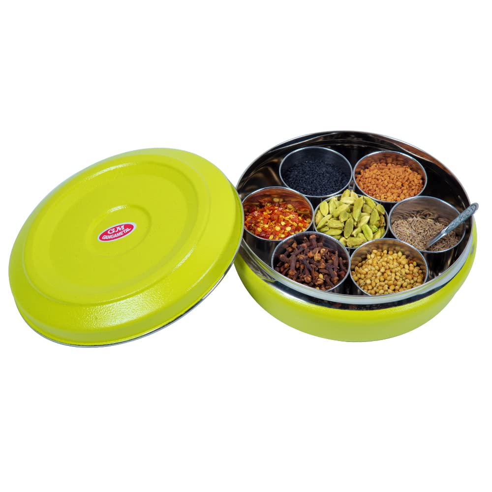 Gangametal Stainless Steel Belly Shape Masala (Spice) Box/Dabba/Organiser With Lid With 7 Containers And 7 Spoons Multipurpose M