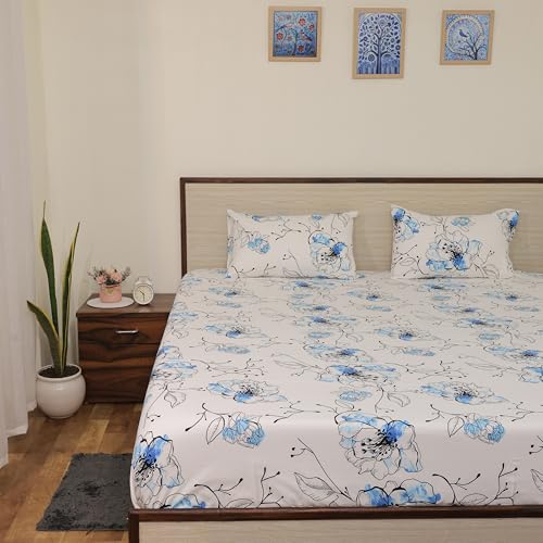 Bedsheet For Double Bed Include Pillow Covers |WrinkleFree Ultra Soft Double Bed Sheet With Pillow Covers | Blue Blossom Design