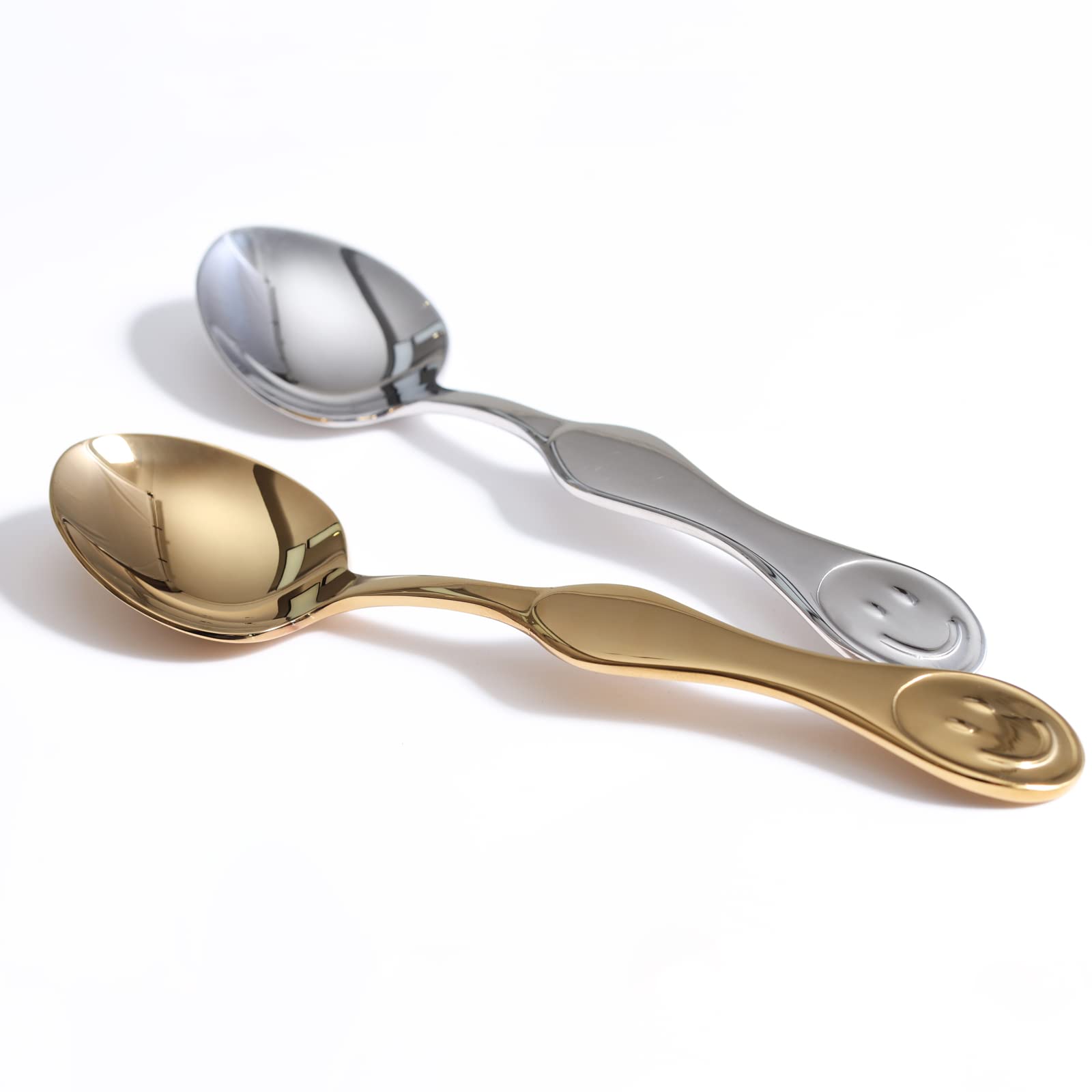 Premium Smiley Face Stainless Steel Dinner Spoon - Perfect For Soup, Coffee And Tea Delights (1 Gold And 1 Silver Two Smiling Sp