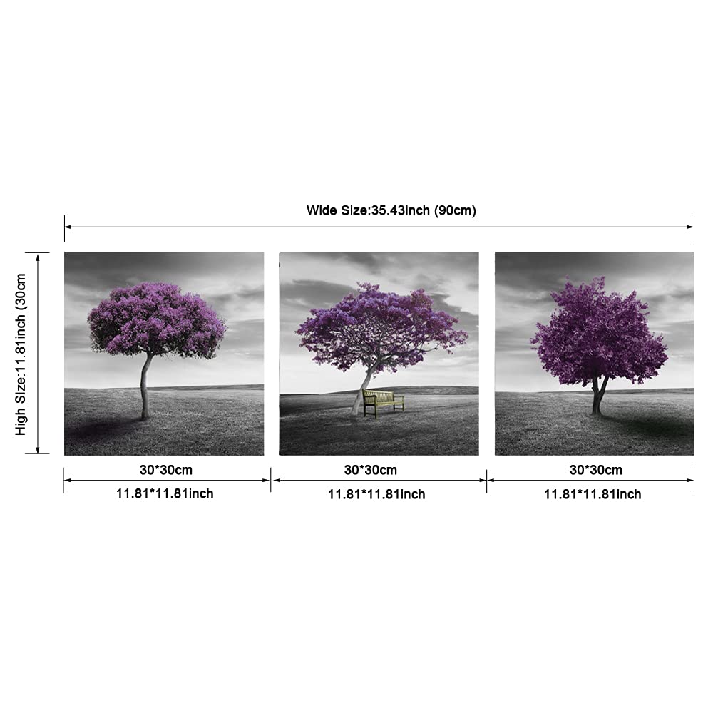 Pyradecor 3 Piece PURPLE TREES CANVAS PRINTS WALL ART Fall Forest Pictures Paintings for Living Room Bedroom Home Office Decorations Modern Stretched and Framed Landscape Giclee Artwork
