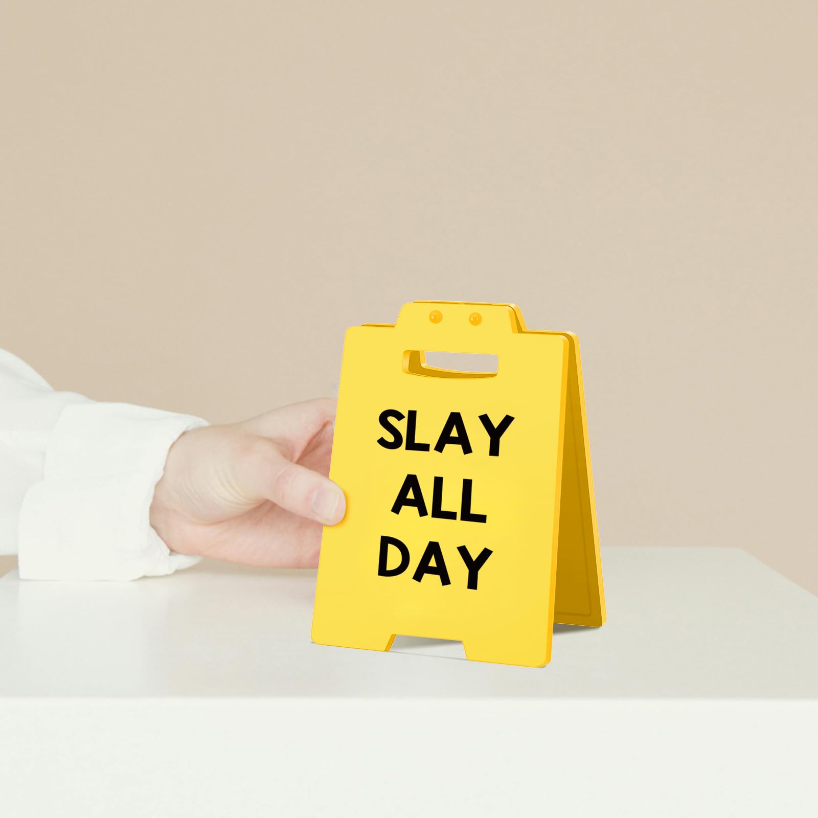 SLAY ALL DAY Funny Desk Sign - Cute Yellow Acrylic Decor for Office, Vanity, Dorm or Room - Motivational Gift for Women, Friends