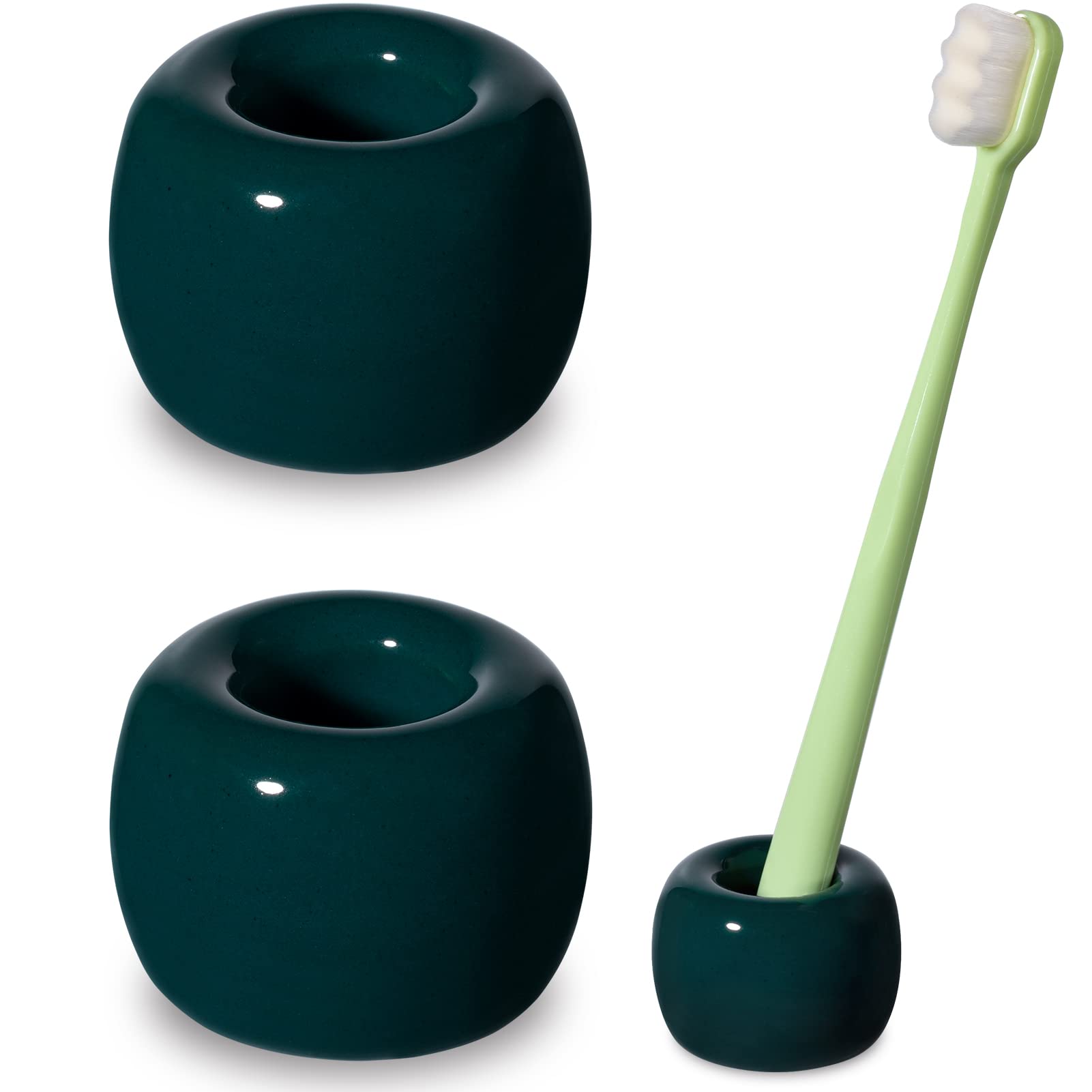 Urbanstrive Sleek Mini Ceramics Toothbrush Holder Stand for Bathroom Vanity Countertops, Dark Green, 2 Pack