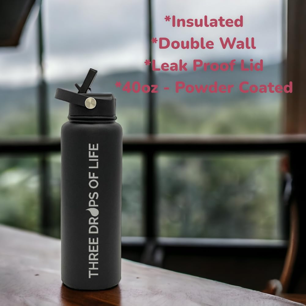 Three Drops Of Life Best Vacuum Insulated 40Oz, Double Wall Stainless Steel Water Bottle, Strong Bottles With Leak Proof Lid And