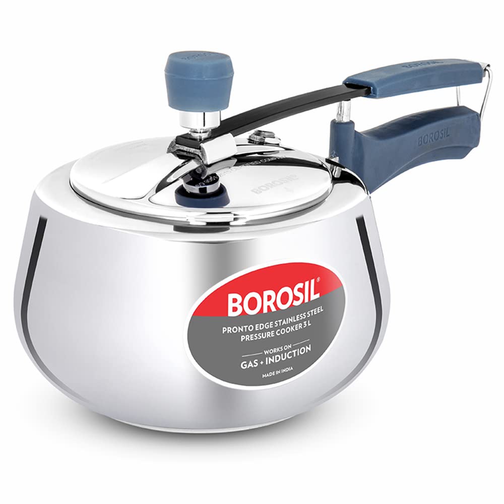 Borosil 3L Pronto Edge Stainless Steel Pressure Cooker With Inner Lid | Gas & Induction Compatible | 6.8 Mm Heavy Encapsulated B
