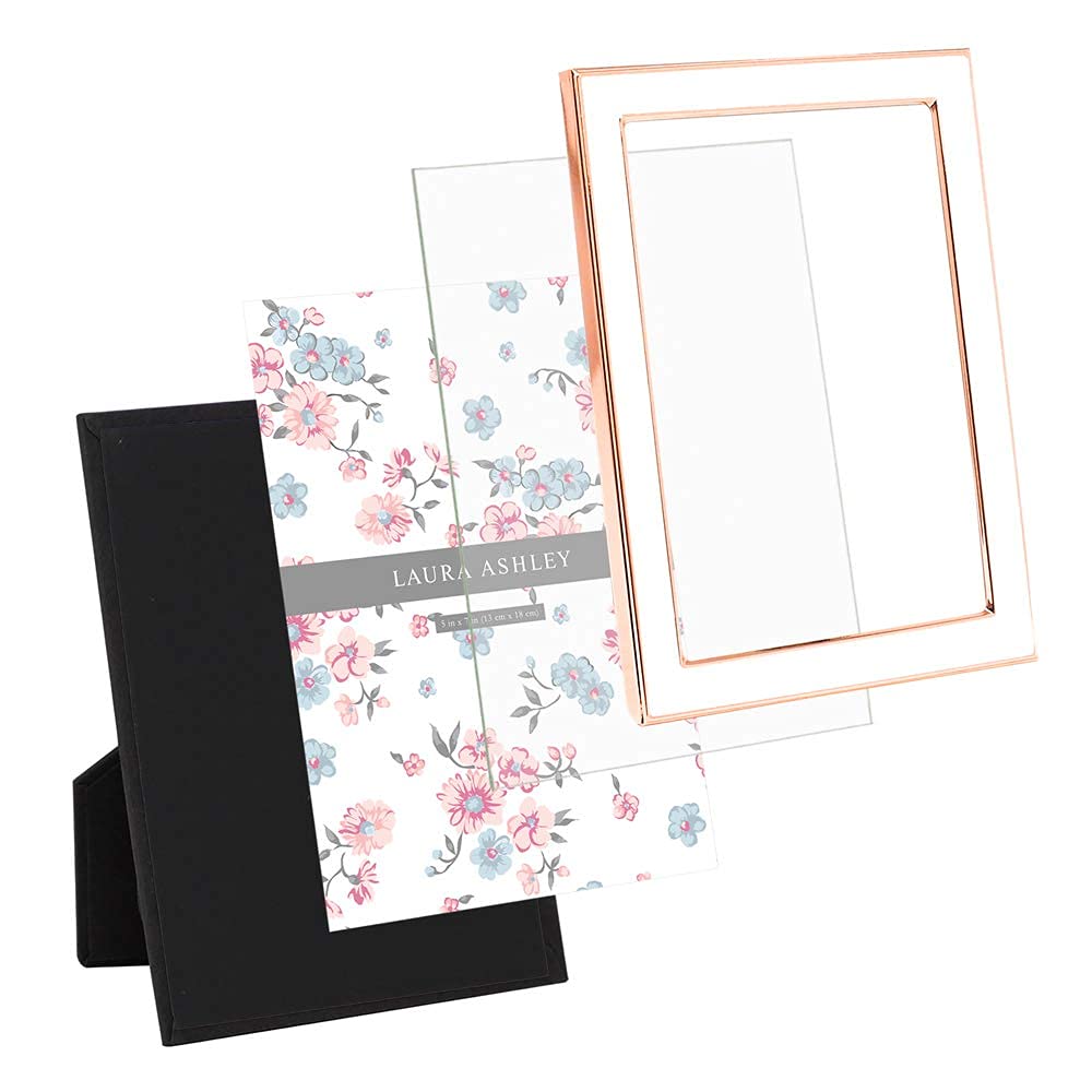 Laura Ashley 5x7 White Enamel Picture Frame, Rose Gold Metal Edge with Easel, for Countertop, Counterspace, Tabletop Display, Bo