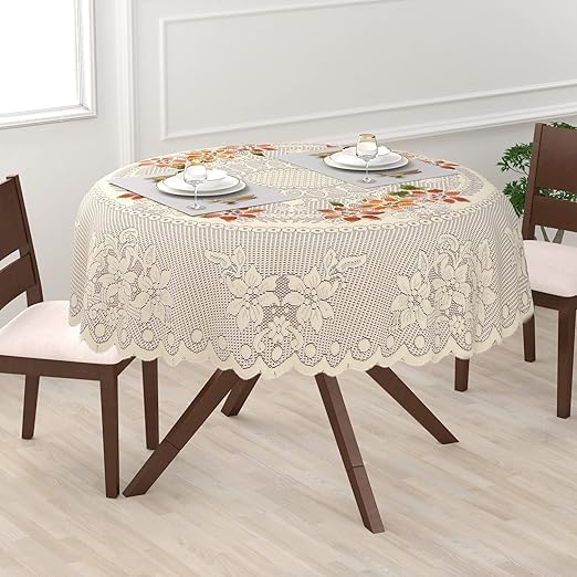 Dakshya Industries Polycotton 60 Inch Round 6 Seater Center Table Cover Floral Design Table Cloth (Beige, Polycotton)