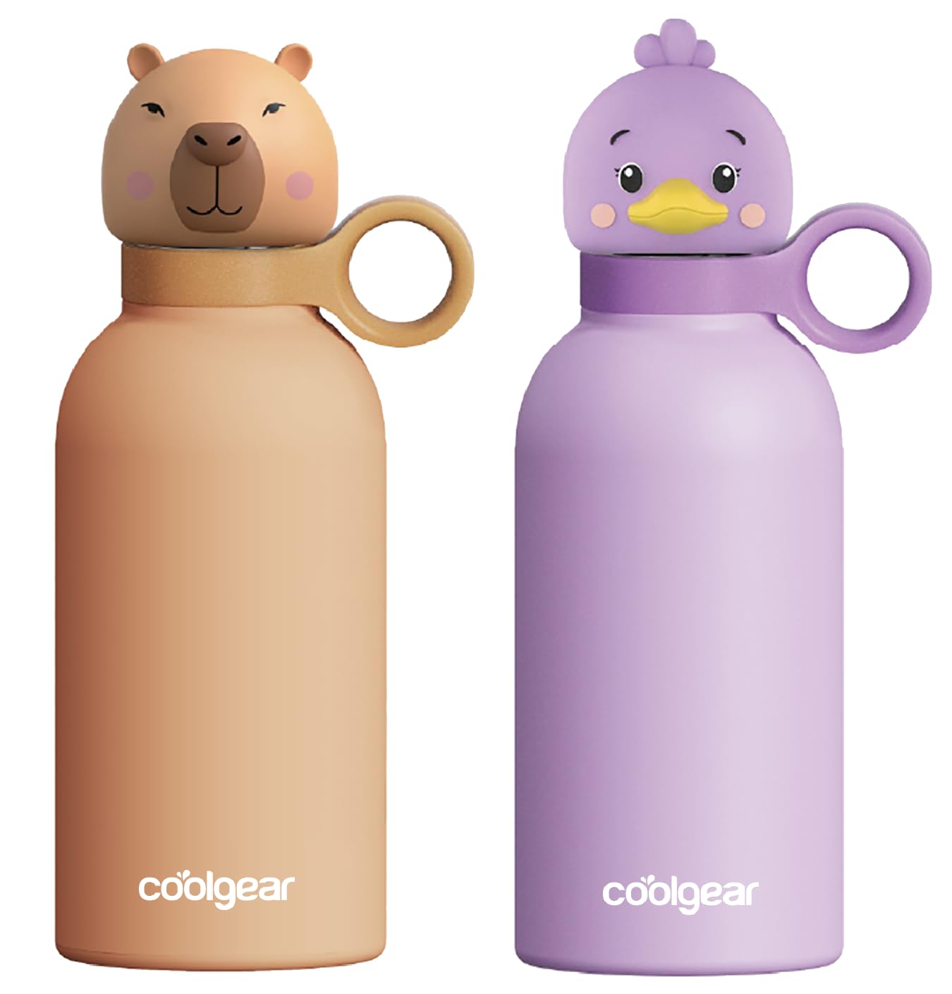 COOL GEAR 2Pack 13 oz Bottle Buddy Stainless Steel Water Bottle for Kids, Reusable Bottle with Animal Character Lids, BPA Free 