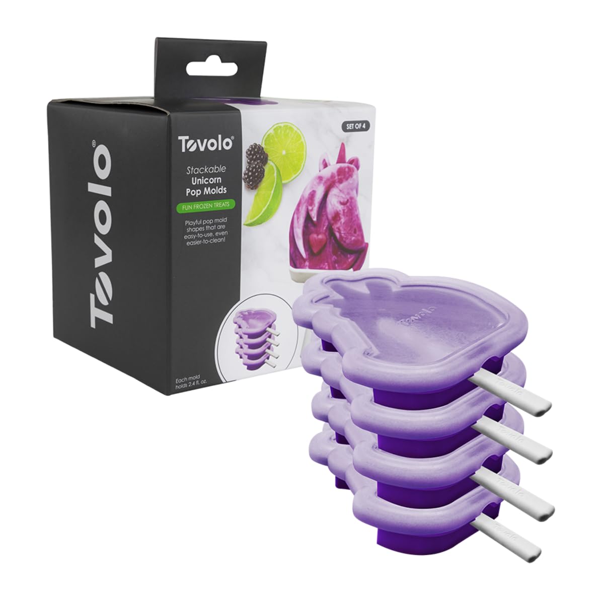 Tovolo Stackable Popsicle Molds with Sticks, 4-Pack, Unicorn Shaped Pop Molds, Reusable Silicone Ice Pop Maker for Kids, Homemad